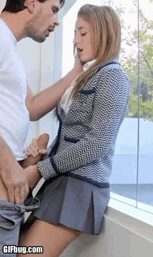 Schoolgirl grabbing his monster cock -