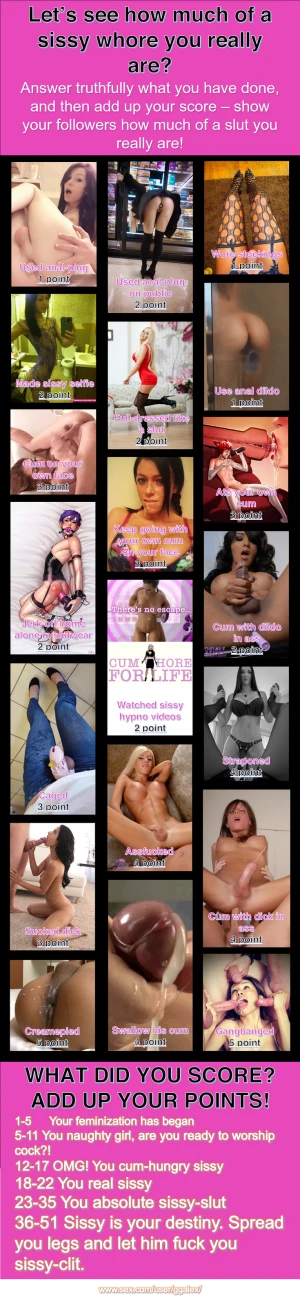 It's my first sissy game. Now I have 35 points, and you?.. Need to try swallow cum, be caged, straponed, let man cumshot in my ass and GB..