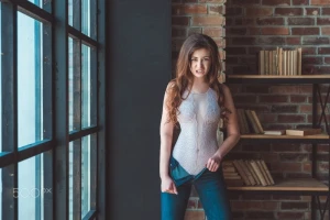 Brunette, Jeans, Lingerie, Looking At Viewer, Pale, Pants, People, Portrait, See Through Clothing, Wavy Hair, Window, Women wallpaper preview