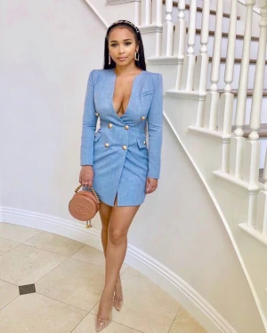 Tight blue dress cleavage
