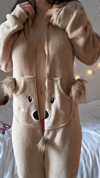 Big tit Asian removes bear onesie