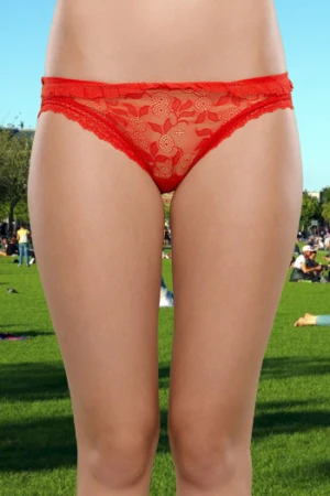 perfect skinny babe with wonderful body, shaved pussy & legs in red transparent panties undress & very sexy posing in public on nature